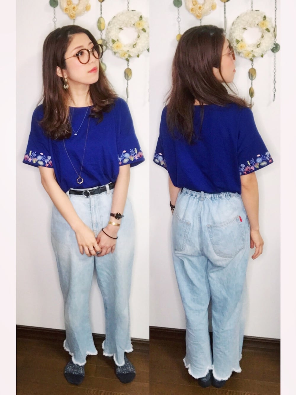 ブルー系のTシャツ/カットソー、ブルー系のデニムパンツ、グレー系のベルトを着用したレディースの夏コーディネートの1枚目の写真