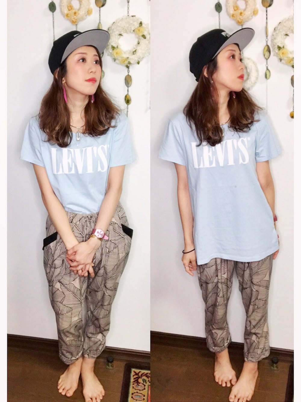 「オトナカジュアル、カジュアル、ゆるコーデ、大人女子、ラフ、Levi's、夏コーデ、夏、キャップ、ボーイッシュ」｜「Levi'sのパーフェクトTシャツ 90'S SERIF T2 BABY BLUE（Tシャツ/カットソー、ブルー系）」を使った、Yukiko Kajiさん（レディース・156cm）の夏コーディネートの1枚目の写真