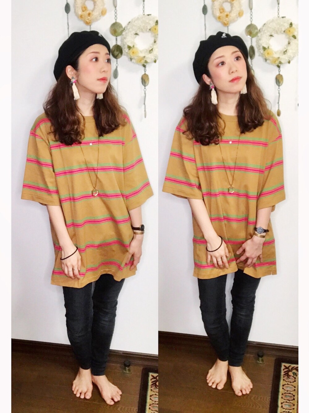 「オトナカジュアル、休日スタイル、ラクチンコーデ、おしゃれさんと繋がりたい、ゆるコーデ、カジュアル、ボーダー、UNIQLO、united arrows、パンツスタイル」｜「KANGOLのアイテム（ハンチング/ベレー帽、ブラック系）」を使った、Yukiko Kajiさん（レディース・156cm）の夏コーディネートの1枚目の写真