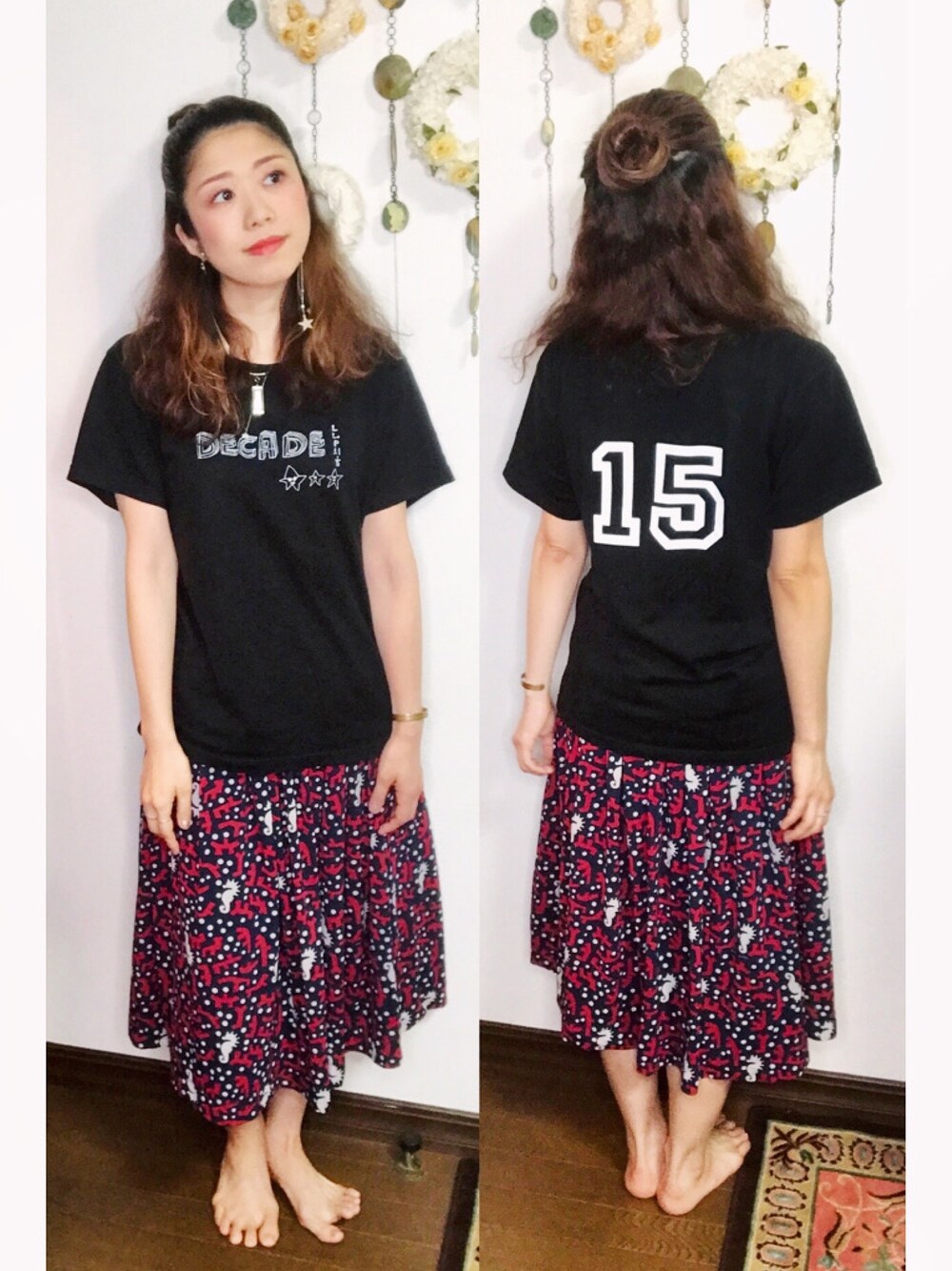 「夏コーデ、シンプル、低身長、今日のコーデ、Tシャツ、休日コーデ、スカート、カジュアルコーデ、おうちファッション、おうちスタイル」｜「AIKOのアイテム（Tシャツ/カットソー、ブラック系）」を使った、Yukiko Kajiさん（レディース・156cm）の夏コーディネートの1枚目の写真