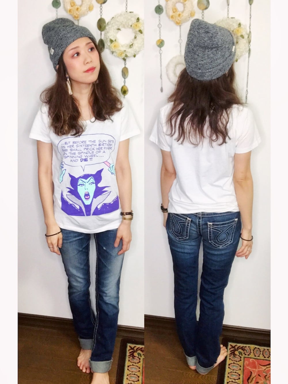 「シンプル、オトナカジュアル、夏だ！Tシャツ着よう！、デニム、いいね、save、フォローお願いします🤑、カジュアル、disney、マレフィセント、ビーニー、ニットキャップ」｜「Herschel Supplyのアイテム（ニットキャップ/ビーニー、グレー系）」を使った、Yukiko Kajiさん（レディース・156cm）の夏コーディネートの1枚目の写真