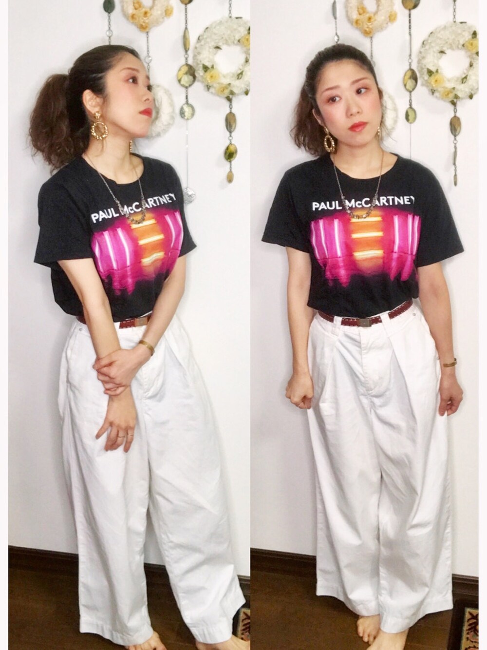 「カジュアルコーデ、楽チンコーデ、パンツスタイル、休日スタイル、ゆるコーデ、お洒落さんとつながりたい、ワイドパンツ、ホワイト、ハイウエスト、PAULMcCARTNEY」｜「paulmccartneyのアイテム（Tシャツ/カットソー、ブラック系）」を使った、Yukiko Kajiさん（レディース・156cm）の夏コーディネートの1枚目の写真