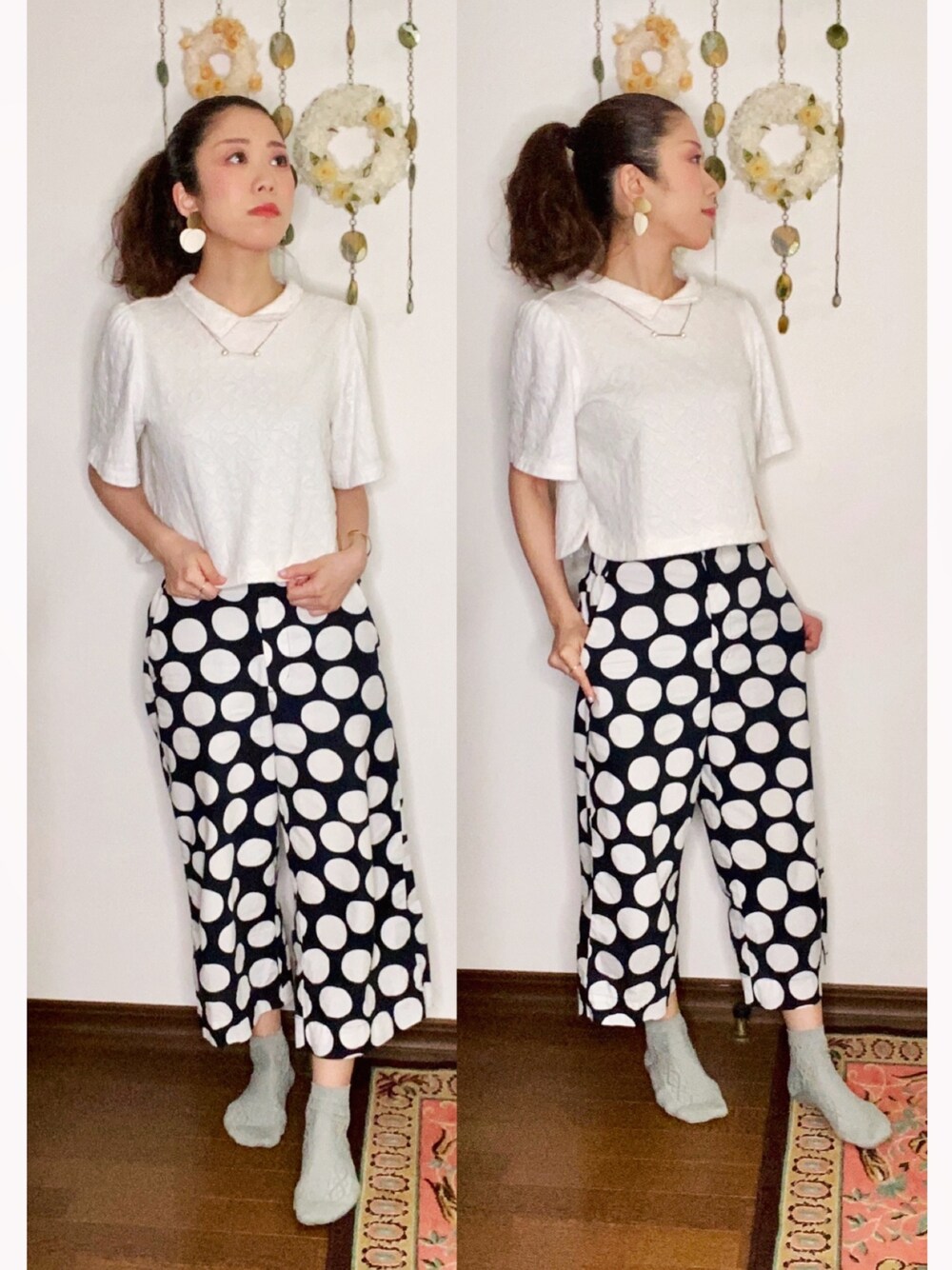 「ラクチンコーデ、今日のコーデ、プチプラ、オトナカジュアル、おしゃれさんと繋がりたい、水玉、UNIQLO、marimekko、夏コーデ、おうちファッション」｜「Kastaneのアイテム（Tシャツ/カットソー、ホワイト系）」を使った、Yukiko Kajiさん（レディース・156cm）の夏コーディネートの1枚目の写真