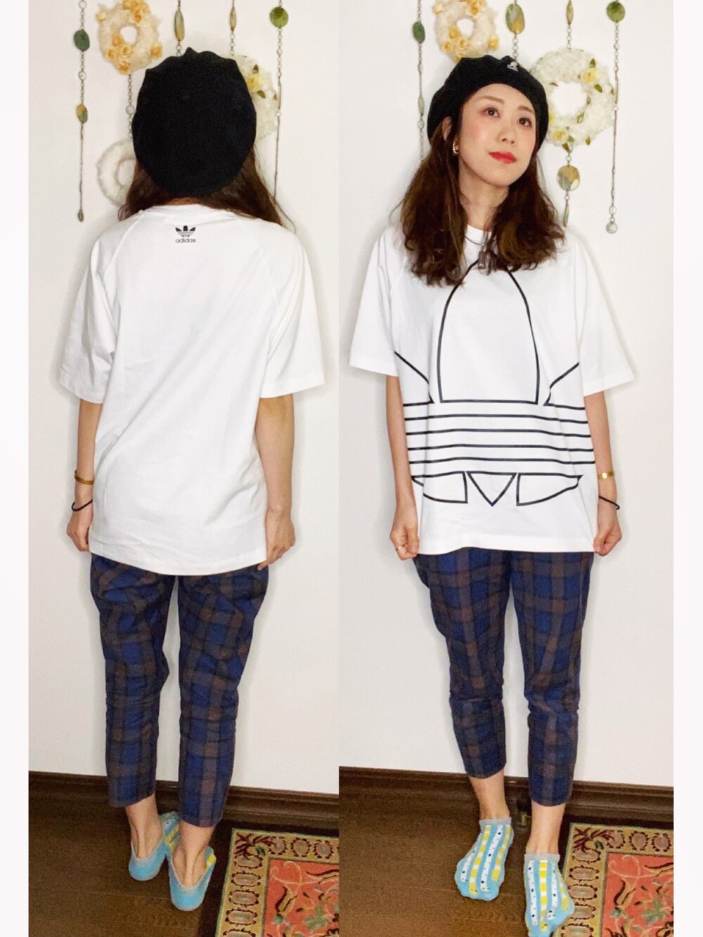 「シンプル、夏だ！Tシャツ着よう！、adidas、アディダス、白Tシャツ、Tシャツ、スポーツミックス、チェック、KANGOL、ベレー帽」｜「KANGOLのアイテム（ハンチング/ベレー帽、ブラック系）」を使った、Yukiko Kajiさん（レディース・156cm）の夏コーディネートの1枚目の写真