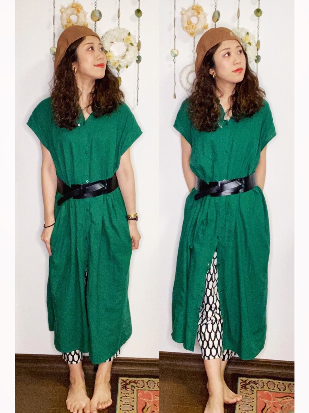 「夏コーデ、カジュアル、きれいめカジュアル、夏、夏セールで買いました、グリーン、KANGOL、marimekko、KOE、低身長」｜「KANGOLの【KANGOL】Tropic 504 Ventair Hunting / 【カンゴール】トロピック 504　ハンチング（ハンチング/ベレー帽、ベージュ系）」を使った、Yukiko Kajiさん（レディース・156cm）の夏コーディネートの1枚目の写真