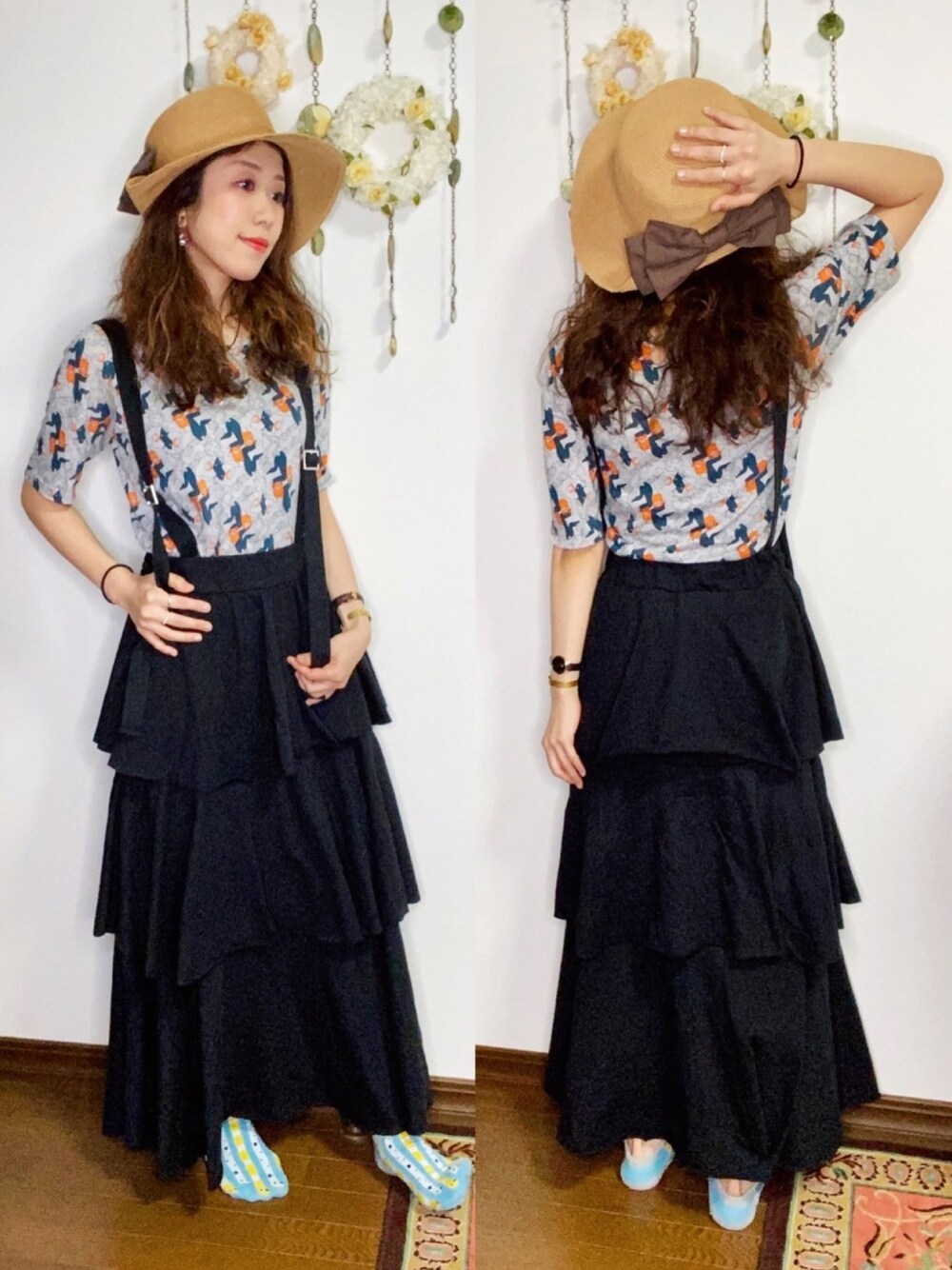 「ゆるコーデ、おしゃれさんと繋がりたい、夏コーデ、夏、ティーシャツ、Tシャツ、スカート、スカートスタイル、rosebud、麦わら帽子」｜「KILOSTOREのアイテム（ハット、ベージュ系）」を使った、Yukiko Kajiさん（レディース・156cm）の夏コーディネートの1枚目の写真