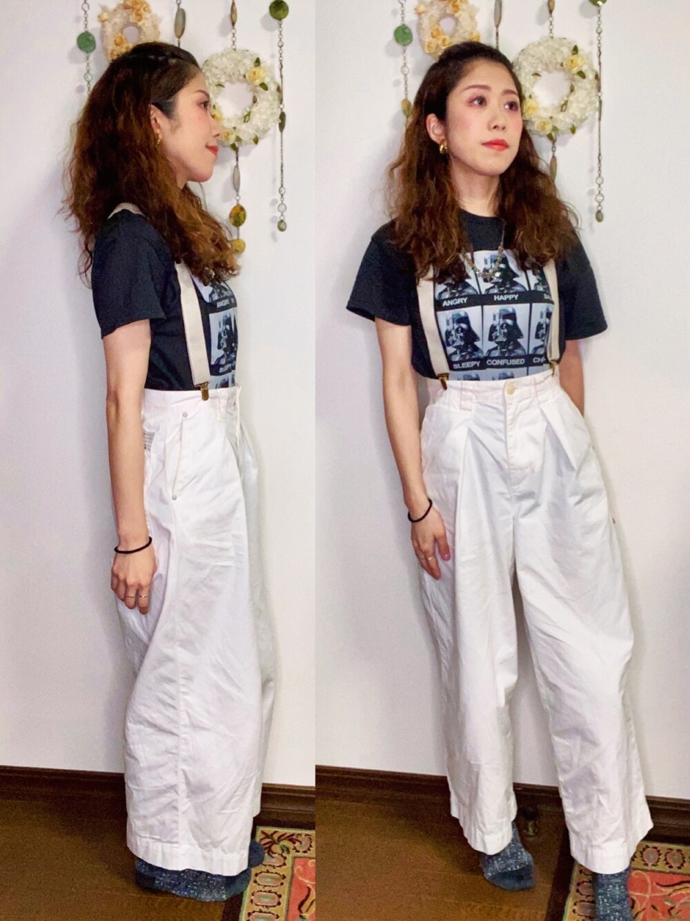 「夏コーデ、今日のコーデ、シンプルコーデ、カジュアルコーデ、低身長コーデ、ダースベイダー、disney、ワイドパンツ、Tシャツ、しろパン」｜「Disneyのアイテム（Tシャツ/カットソー、ブラック系）」を使った、Yukiko Kajiさん（レディース・156cm）の夏コーディネートの1枚目の写真