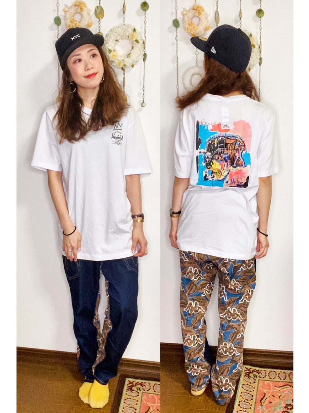 「カジュアル、大人コーデ、ラクチンコーデ、低身長コーデ、ラフ、Tシャツ、派手、デニム、バスキア、Herschel」｜「NEW ERAのアイテム（キャップ、ブルー系）」を使った、Yukiko Kajiさん（レディース・156cm）の秋コーディネートの1枚目の写真