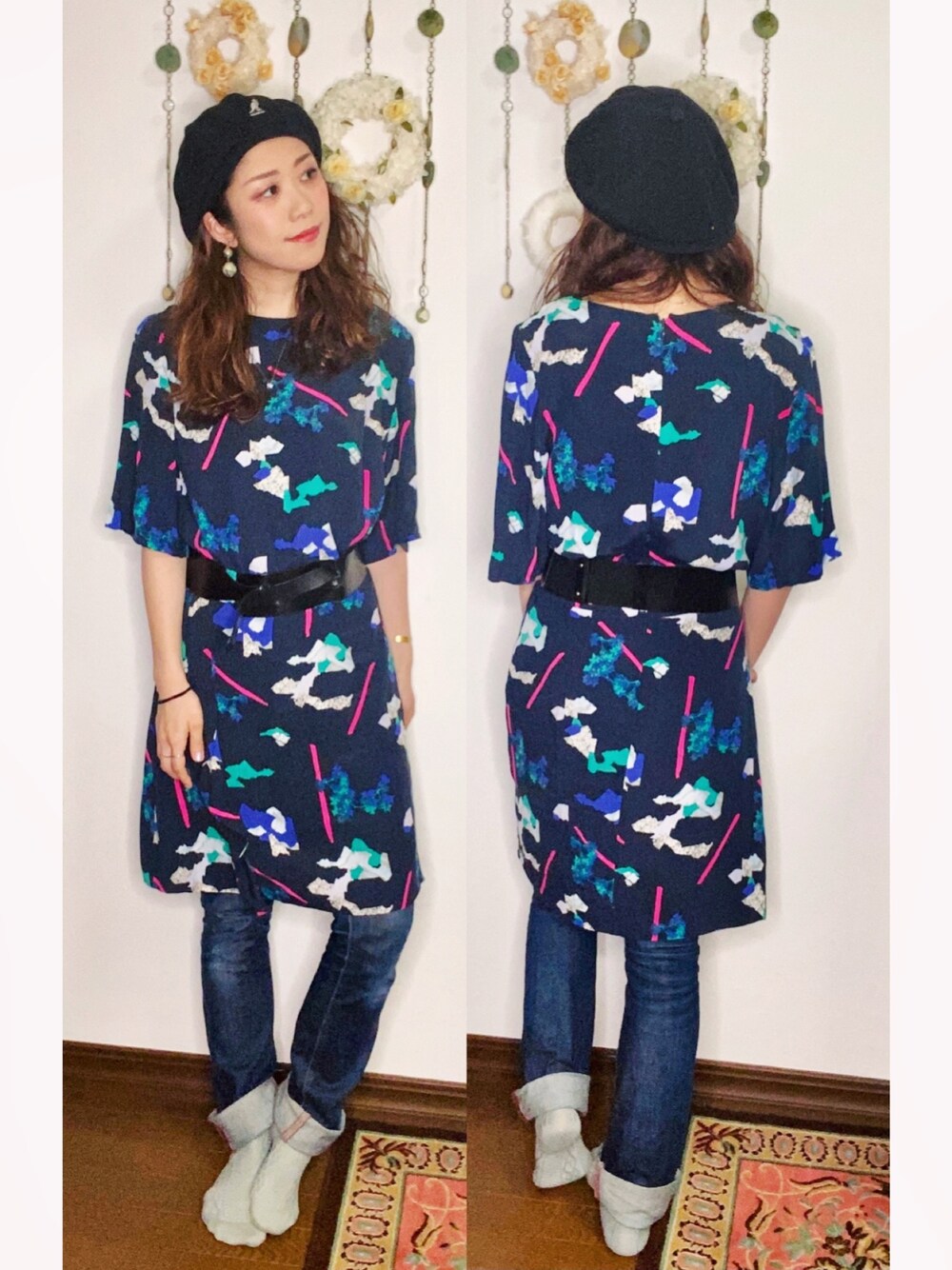 「大人カジュアル、秋コーデ、デニムパンツ、デニム、ワンピース、柄ワンピース、カンゴール、KANGOL、ベレー帽」｜「KANGOLのアイテム（ハンチング/ベレー帽、ブラック系）」を使った、Yukiko Kajiさん（レディース・156cm）の秋コーディネートの1枚目の写真