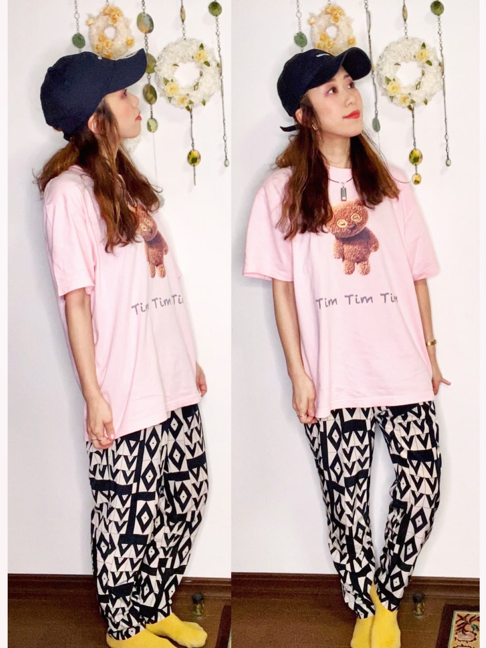 「カジュアルコーデ、シンプルコーデ、オトナカジュアル、おしゃれさんと繋がりたい、minions、くまさん、ピンク、NEW ERA、Ray BEAMS、Tシャツ」｜「NEW ERAのアイテム（キャップ、ブルー系）」を使った、Yukiko Kajiさん（レディース・156cm）の秋コーディネートの1枚目の写真