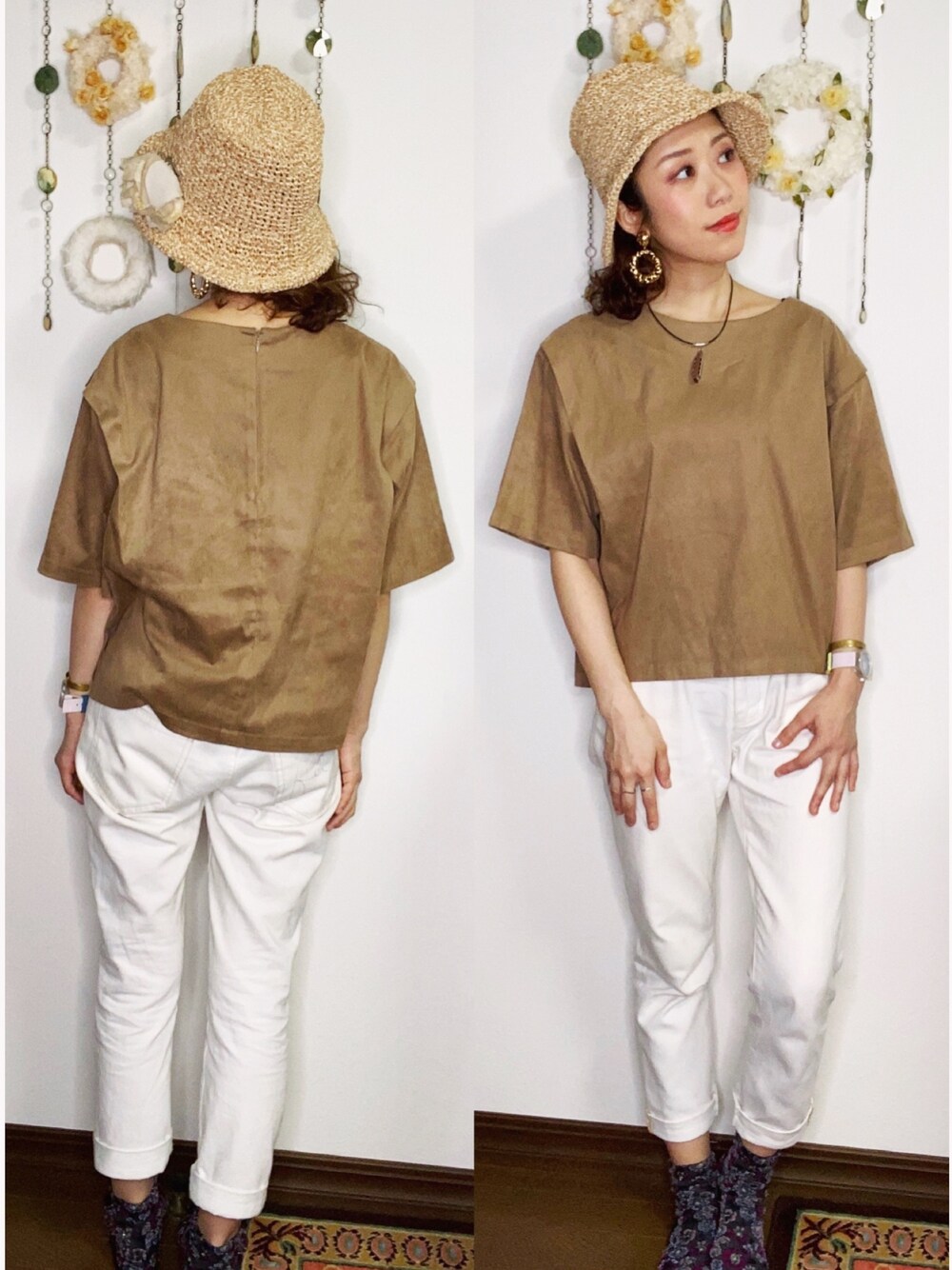「秋のコーデ、オトナカジュアル、秋服準備はじめました、秋色、くすみカラー、Tシャツ、ベージュコーデ、ホワイトコーデ、低身長、フェイクレザー」｜「ORIENTのアイテム（ハット、ベージュ系）」を使った、Yukiko Kajiさん（レディース・156cm）の秋コーディネートの1枚目の写真