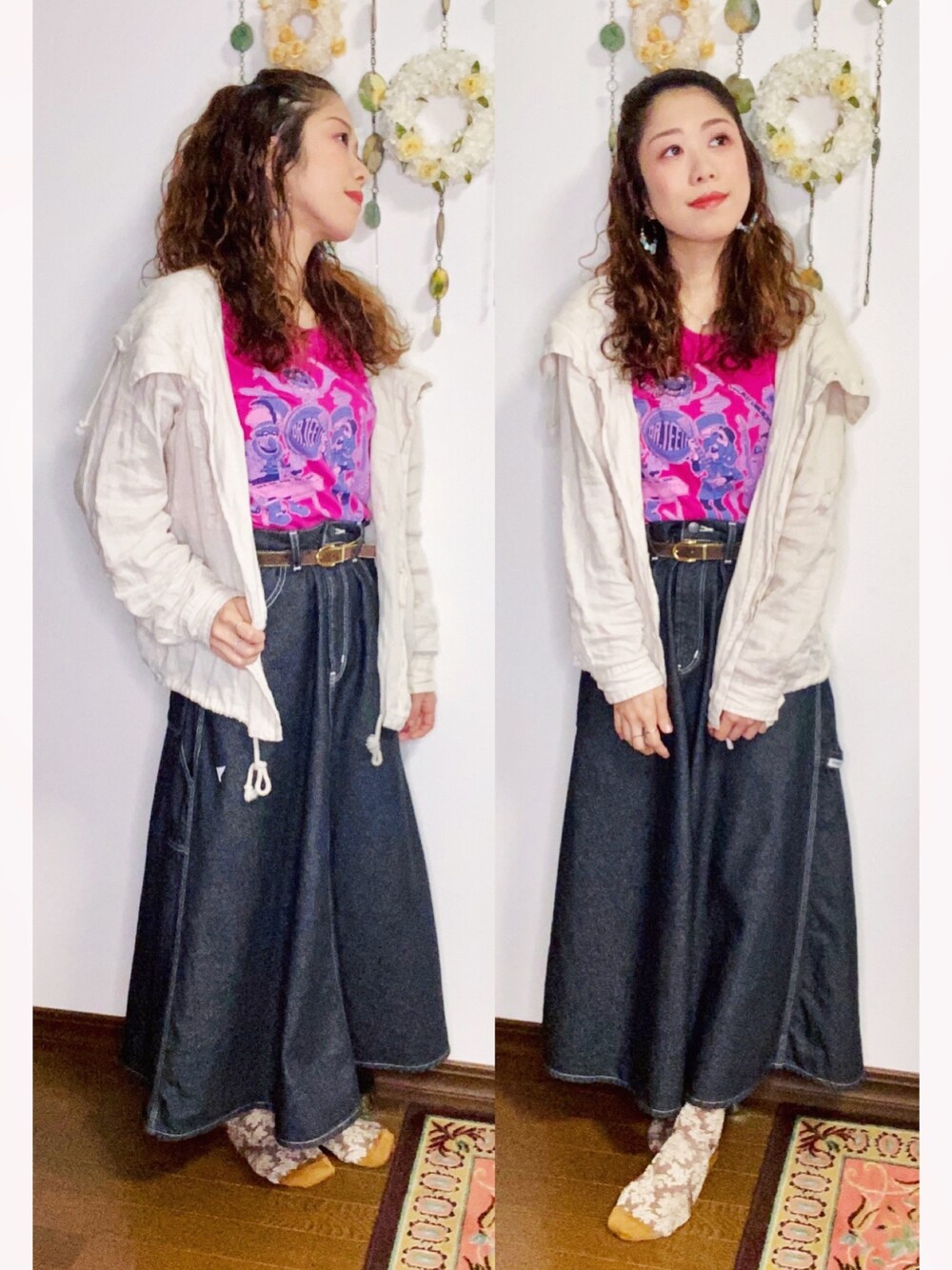 「カジュアル、秋服、シンプル、低身長、おしゃれさんと繋がりたい、デニムスカート、黒デニム、アウター、プリントT」｜「RNAのアイテム（ジャケット/アウター、ベージュ系）」を使った、Yukiko Kajiさん（レディース・156cm）の秋コーディネートの1枚目の写真