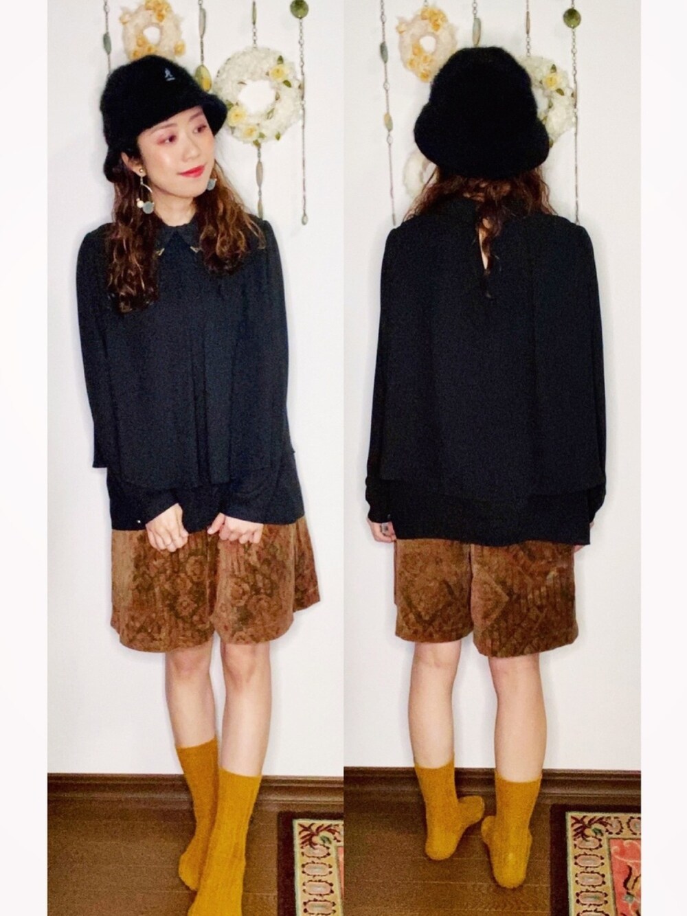 「大人カジュアル、秋服、カジュアルコーデ、低身長、大人女子、キレイめ、今日のコーデ、大人かわいい、used、KANGOL」｜「KANGOLのカンゴール ハット FURGORA CASUAL KANGOL（ハット、ブラック系）」を使った、Yukiko Kajiさん（レディース・156cm）の秋コーディネートの1枚目の写真