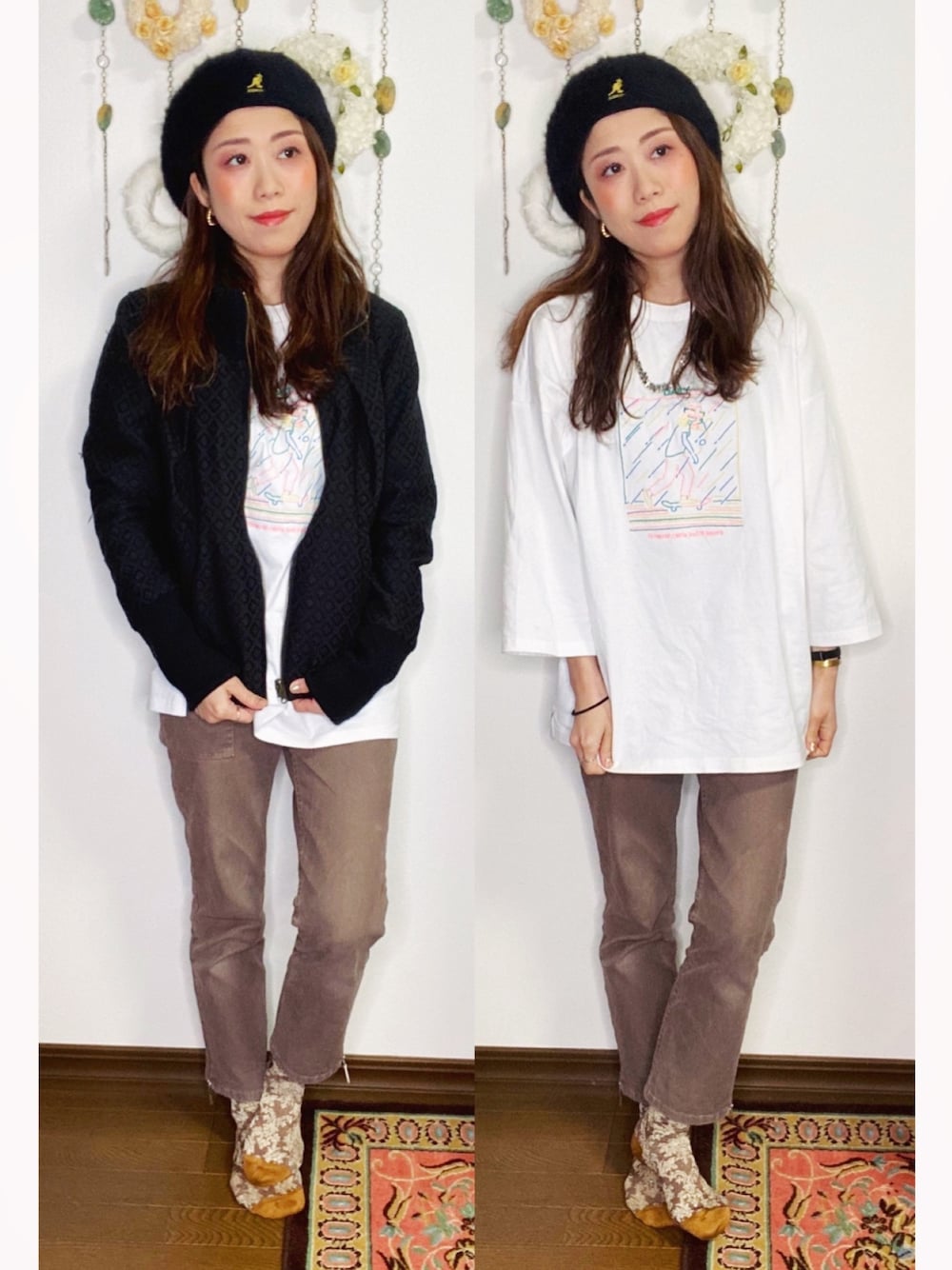 「カジュアル、ゆるコーデ、秋のコーデ、秋冬コーデ、今日のコーデ、シンプル、おしゃれさんと繋がりたい、低身長、ビッグシルエット、カジュアルコーデ」｜「KANGOLの【KANGOL】Furgora 504（ハンチング/ベレー帽、ブラック系）」を使った、Yukiko Kajiさん（レディース・156cm）の秋コーディネートの1枚目の写真