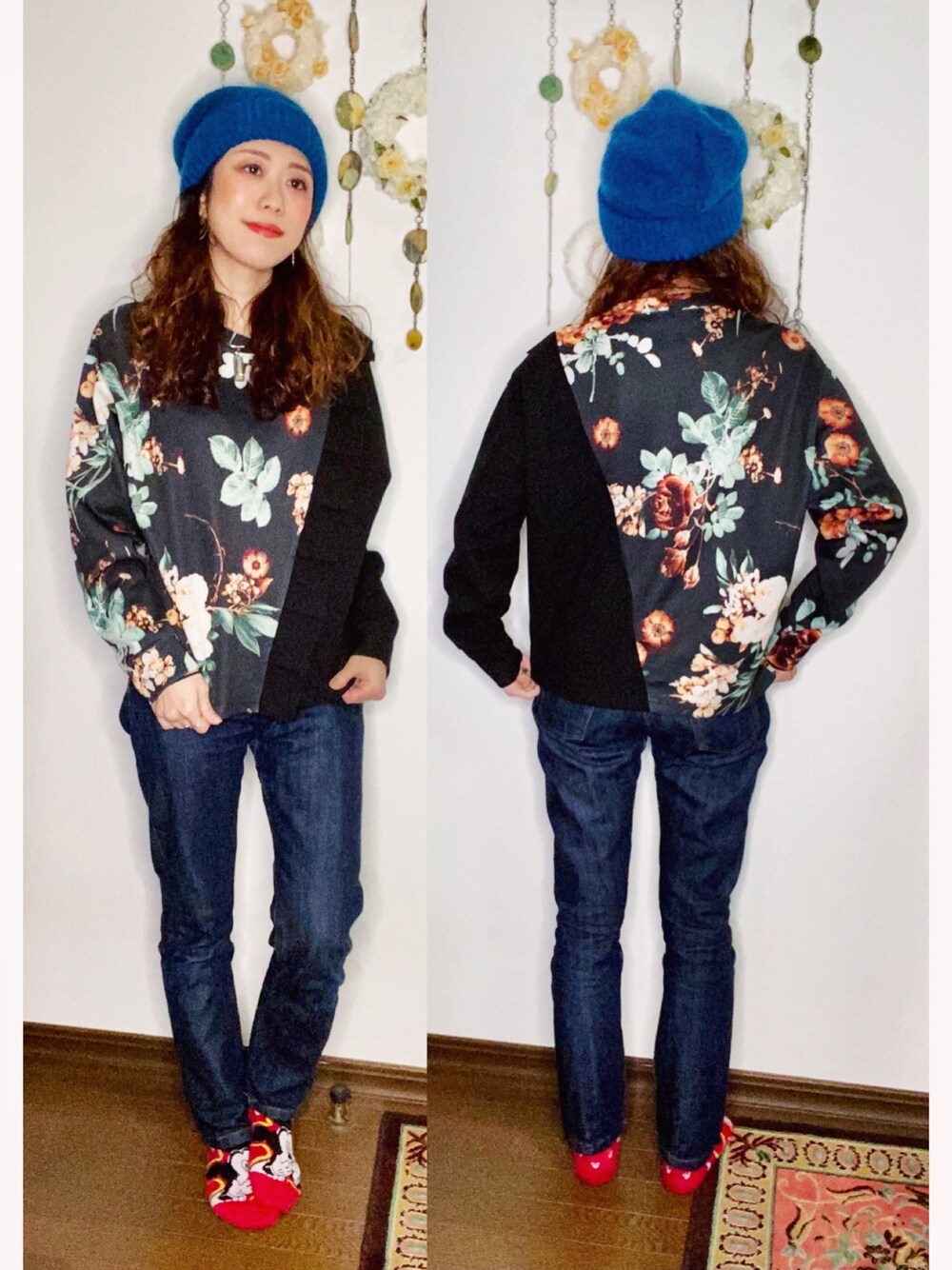 「秋冬コーデ、休日スタイル、パンツスタイル、ゆるコーデ、ootd、低身長、EMODA、marimekko、override 、ニット帽」｜「OVERRIDEのアイテム（ニットキャップ/ビーニー、ブルー系）」を使った、Yukiko Kajiさん（レディース・156cm）の秋コーディネートの1枚目の写真