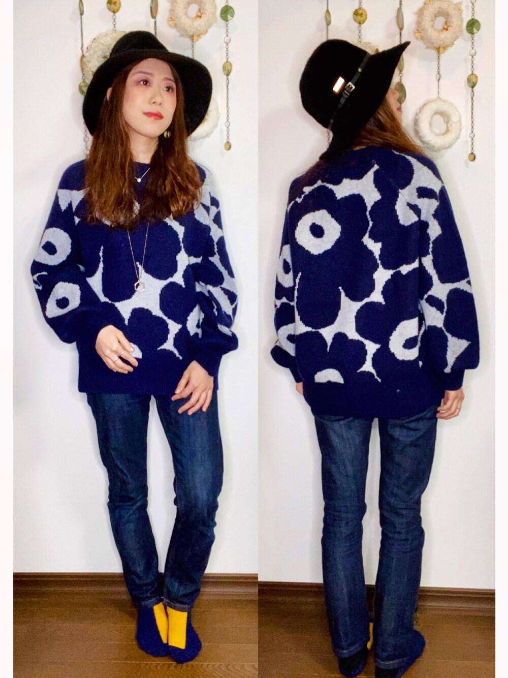 「今日のコーデ、marimekko、マリメッコ、ニット、ストレートデニム、お洒落さんとつながりたい、カジュアル、シンプルコーデ、低身長コーデ、パンツスタイル」｜「KANGOLのアイテム（ハット、ブラック系）」を使った、Yukiko Kajiさん（レディース・156cm）の秋コーディネートの1枚目の写真