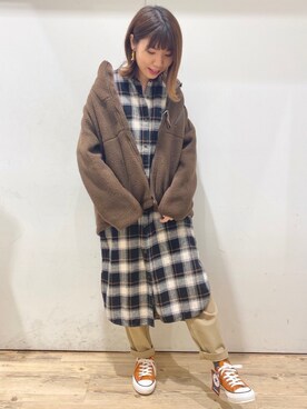 「チェックワンピース」｜「アイテム（ブルゾン）」を使った、まぶーさん（レディース・160cm）の秋コーディネート