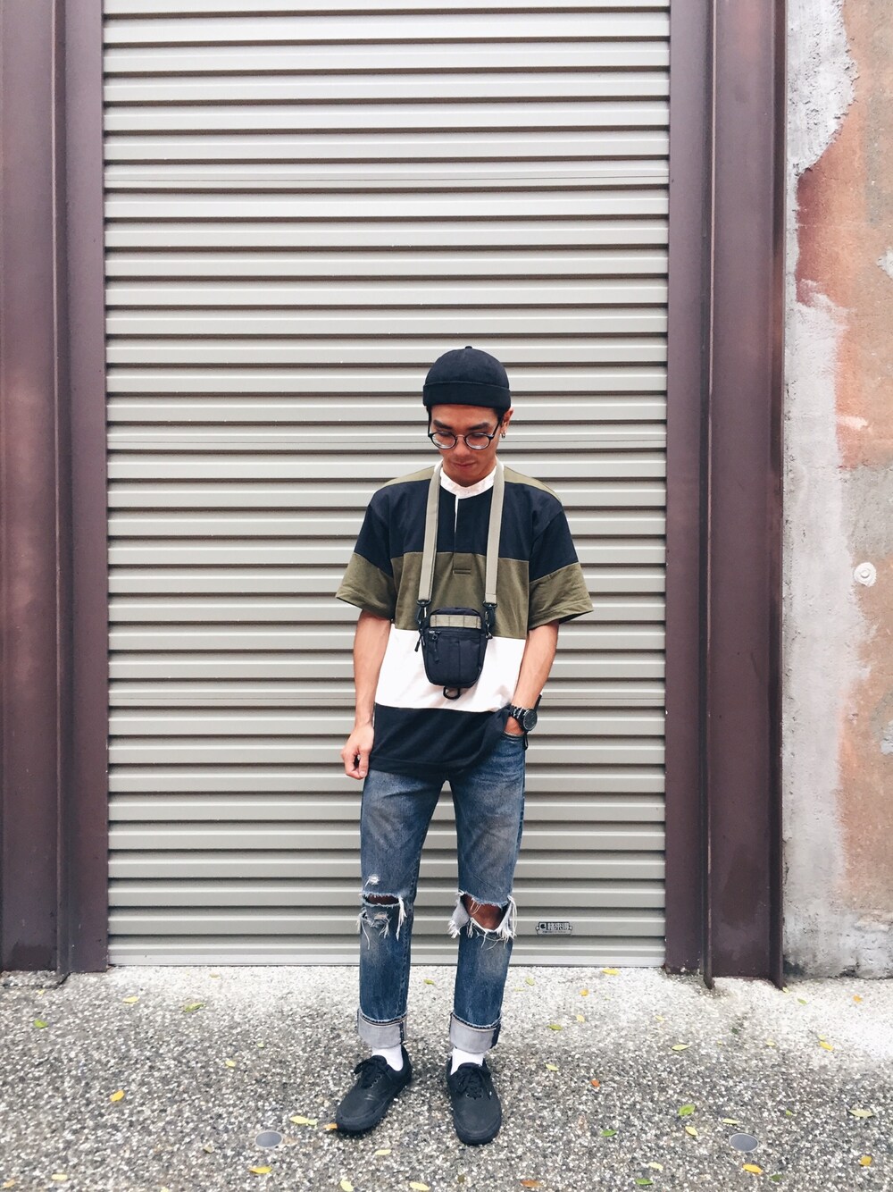 「ootd、rainy、outfit、street、stripe、GLOBAL WORK、Levi's、denim、VINTAGE、VANS」｜「GLOBAL WORKのアイテム（ポロシャツ、その他）」を使った、Felixさん（メンズ・172cm）の夏コーディネートの1枚目の写真