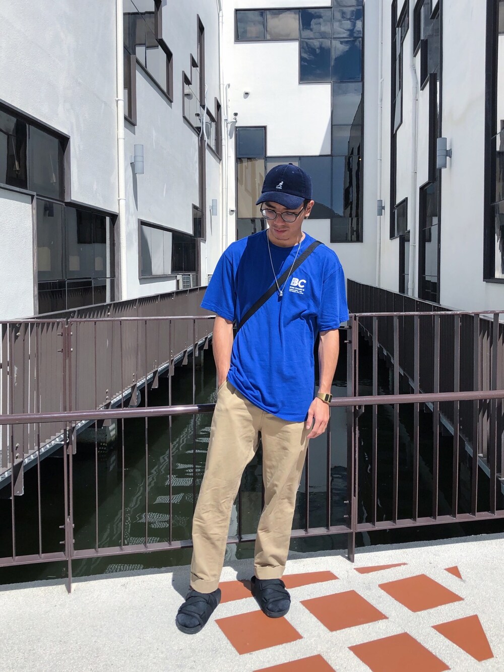 「ootd、outfit、summer、hat、plain-me、bornchamps、THE NORTH FACE、CASIO、KANGOL、street」｜「KANGOLのアイテム（帽子、ブルー系）」を使った、Felixさん（メンズ・172cm）の夏コーディネートの1枚目の写真