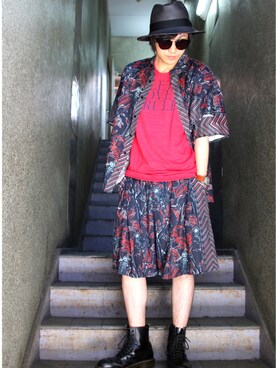 「yoshiokubo（ヨシオクボ）のyoshiokubo GROUNDFLOOR 『DRY LEAF』タックショーツ（その他パンツ）」を使った、Ryotaさん（メンズ・170cm）の夏コーディネート