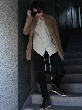 「ISAMU KATAYAMA BACKLASH（イサムカタヤマバックラッシュ）のアイテム（シャツ/ブラウス）」を使った、Ryotaさん（メンズ・170cm）の冬コーディネート