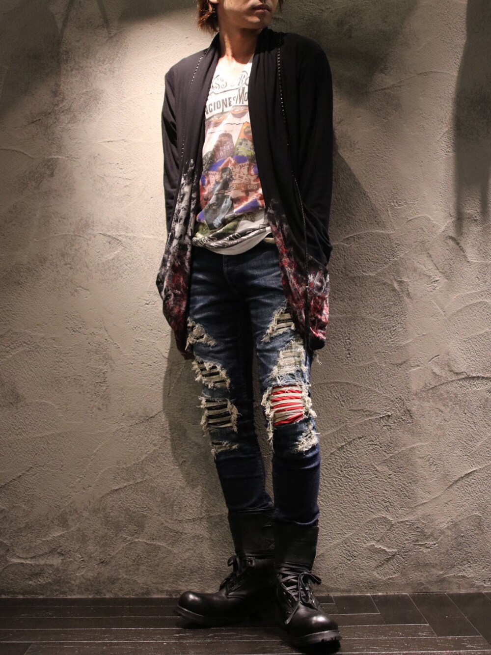 「ロック、休日スタイル、KMRii、SHARE SPIRIT、FAGASSENT、ブーツ、ROYAL FLASH、royalflash梅田」｜「KMRiiの【別注】KMRii/ケムリ/Monolith Viscose CD（カーディガン/ボレロ、ブラック系）」を使った、Ryotaさん（メンズ・170cm）の夏コーディネートの1枚目の写真