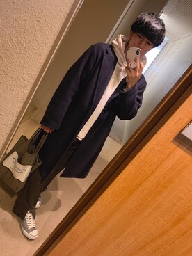 「niko and...（ニコアンド）のアイテム（チェスターコート）」を使った、Yugさん（メンズ・175cm）の冬コーディネート