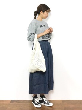 yukiさんの「たっぷり収納◆ふんわり柔らか肌触りスクエアフォルムニット編みトートバッグ 」を使ったコーディネート