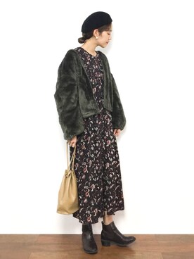 「Kastane（カスタネ）の花柄ギャザーマキシワンピース（ワンピース）」を使った、yukiさん（レディース・169cm）の冬コーディネート