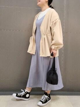 「サックスブルー」｜「アイテム（ブルゾン）」を使った、tomo☺さん（レディース・159cm）の春コーディネート