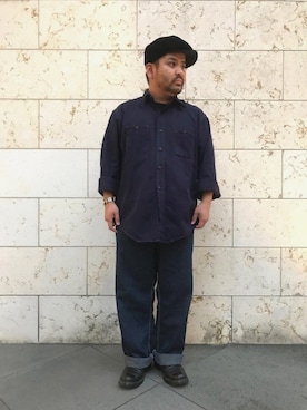 「VINTAGE（ヴィンテージ）のアイテム（シャツ/ブラウス、ブルー系）」を使った、Human&Arrowさん（メンズ・169cm）の秋コーディネート