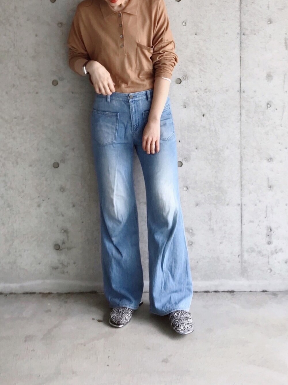 「平成最後のWEARISTAセンバツ、ママコーデ、ポロシャツ、ワイドパンツ、フレアパンツ、ベルボトム、デニム、クリアサンダル、サンダル、サンダルに靴下」｜「ZARAのアイテム（ポロシャツ、ベージュ系）」を使った、yukoさん（レディース・170cm）の春コーディネートの1枚目の写真