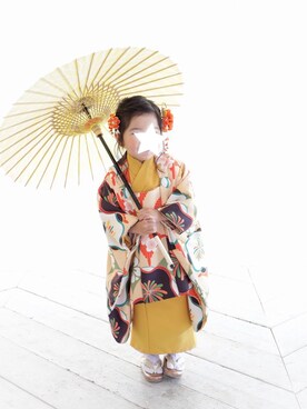 「アイテム（着物、イエロー系）」を使った、Riiiさん（キッズ・90cm）の秋コーディネート