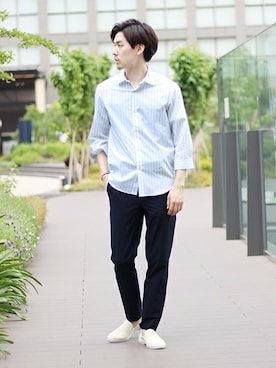 「7分袖」｜「アイテム（スリッポン）」を使った、JUNPEIさん（メンズ・175cm）の春コーディネート