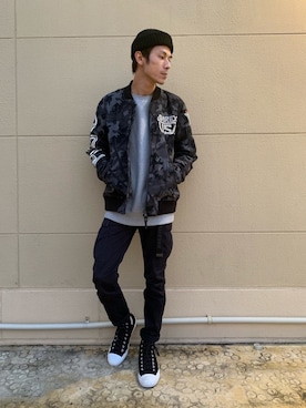 「ニットキャップ」｜「アイテム（MA-1）」を使った、akashiさん（メンズ・179cm）の冬コーディネート