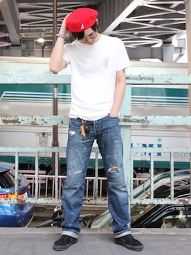 「Tシャツ×デニム」｜「アイテム（ハンチング/ベレー帽）」を使った、RYUTAROさん（メンズ・172cm）の秋コーディネート