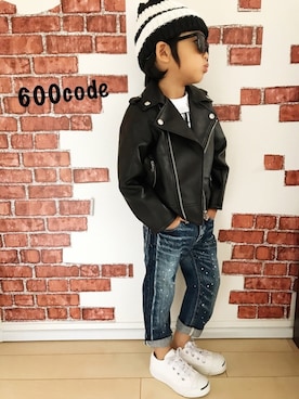 「ロックT」｜「アイテム（ライダースジャケット）」を使った、yさん（キッズ・100cm）の春コーディネート
