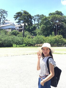 「E hyphen world gallery（イーハイフンワールドギャラリー）のデニムタック入りワイドパンツ（その他パンツ）」を使った、Ananさん（レディース・148cm）の夏コーディネート