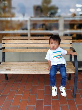 「MIKI HOUSE（ミキハウス）のアイテム（デニムパンツ）」を使った、にじのぱぱさん（メンズ・90cm）の夏コーディネート