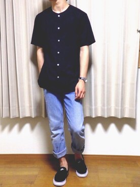 「ノーカラーシャツ」｜「アイテム（スリッポン）」を使った、こーさん（メンズ・171cm）の夏コーディネート