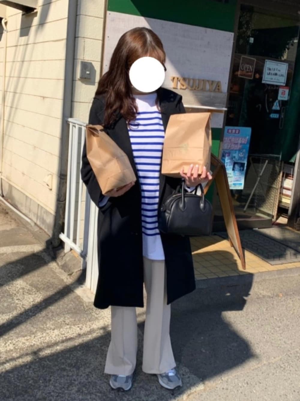 「ダッフルコート、スラックス、ボーダー、バスクシャツ、オーチバル、ニューバランス、nb992、m992、韓国ファッション」｜「ORCIVALのORCIVAL / オーシバル　ラッセルフレンチボーダーカットソー　ビックシルエット  RC01BIG L/S #6101C（Tシャツ/カットソー、ブルー系）」を使った、　Ⓜ️さん（レディース・161cm）の冬コーディネートの1枚目の写真