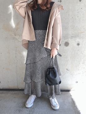 「アイテム（ライダースジャケット）」を使った、fifthスタッフさん（レディース・150cm）の春コーディネート