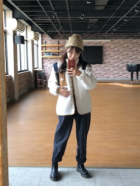 「THE NORTH FACE（ザノースフェイス）のアイテム（ムートンコート）」を使った、Chi-ting Yuさん（レディース・161cm）の冬コーディネート