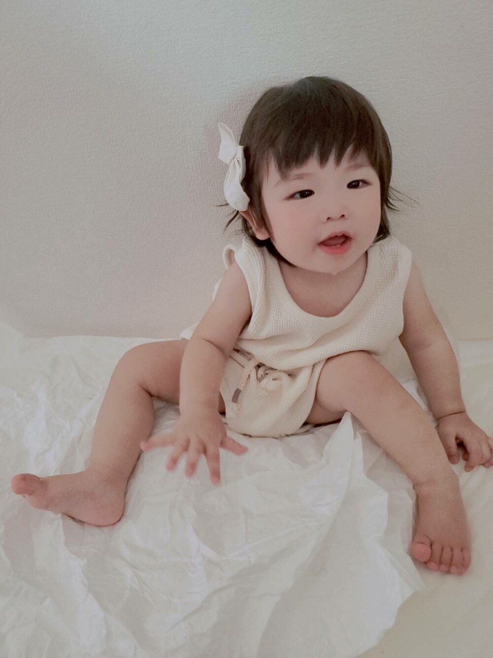 「リラックス、夏コーデ、女の子コーデ、11ヶ月、韓国子供服、SALEで買いました」｜「Handmadeのアイテム（ヘアピン、その他）」を使った、urakotoさん（キッズ・70cm）の夏コーディネートの1枚目の写真