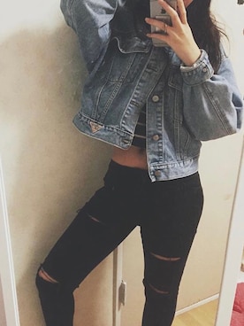 「Guess（ゲス）のアイテム（デニムジャケット）」を使った、Yuki Hamaguchiさん（レディース・165cm）の春コーディネート