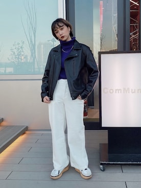 「タートルネック」｜「アイテム（ライダースジャケット）」を使った、yurika   muroiさん（レディース・164cm）の冬コーディネート