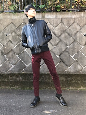 「Right-on（ライトオン）のアイテム（ライダースジャケット）」を使った、もちもちさん（メンズ・181cm）の秋コーディネート