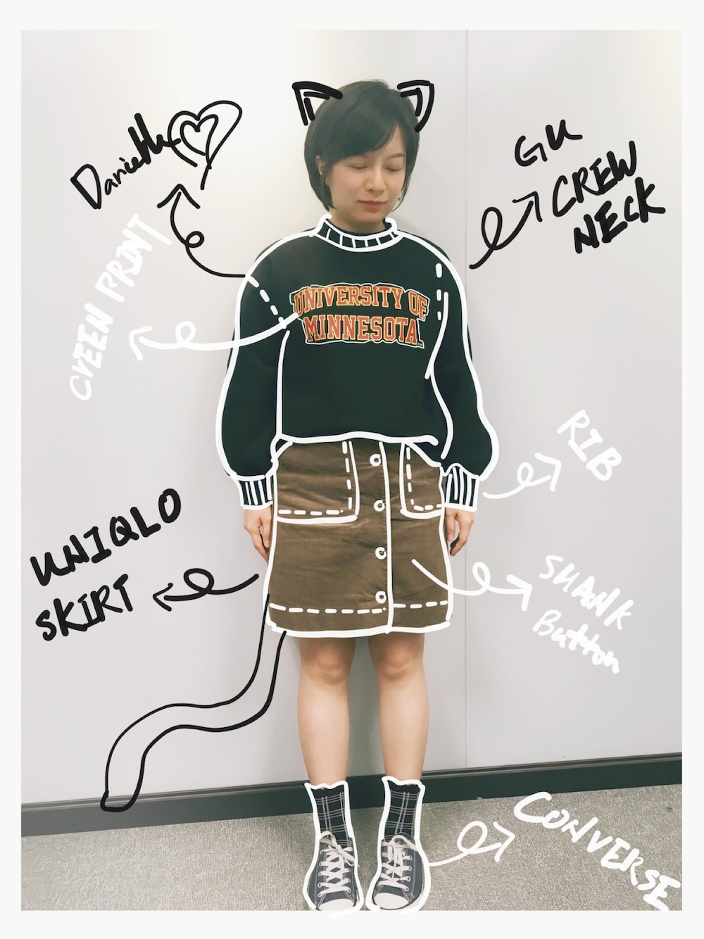 「UNIQLO、冬コーデ、ootd、プチプラ、CREWNECK、skirt」｜「GUのアイテム（カーディガン/ボレロ、ブラック系）」を使った、ダニエルさん（レディース・155cm）の秋コーディネートの1枚目の写真