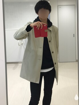 「no brand（ノーブランド）のアイテム（ステンカラーコート、ベージュ系）」を使った、Sさん（メンズ・174cm）の秋コーディネート