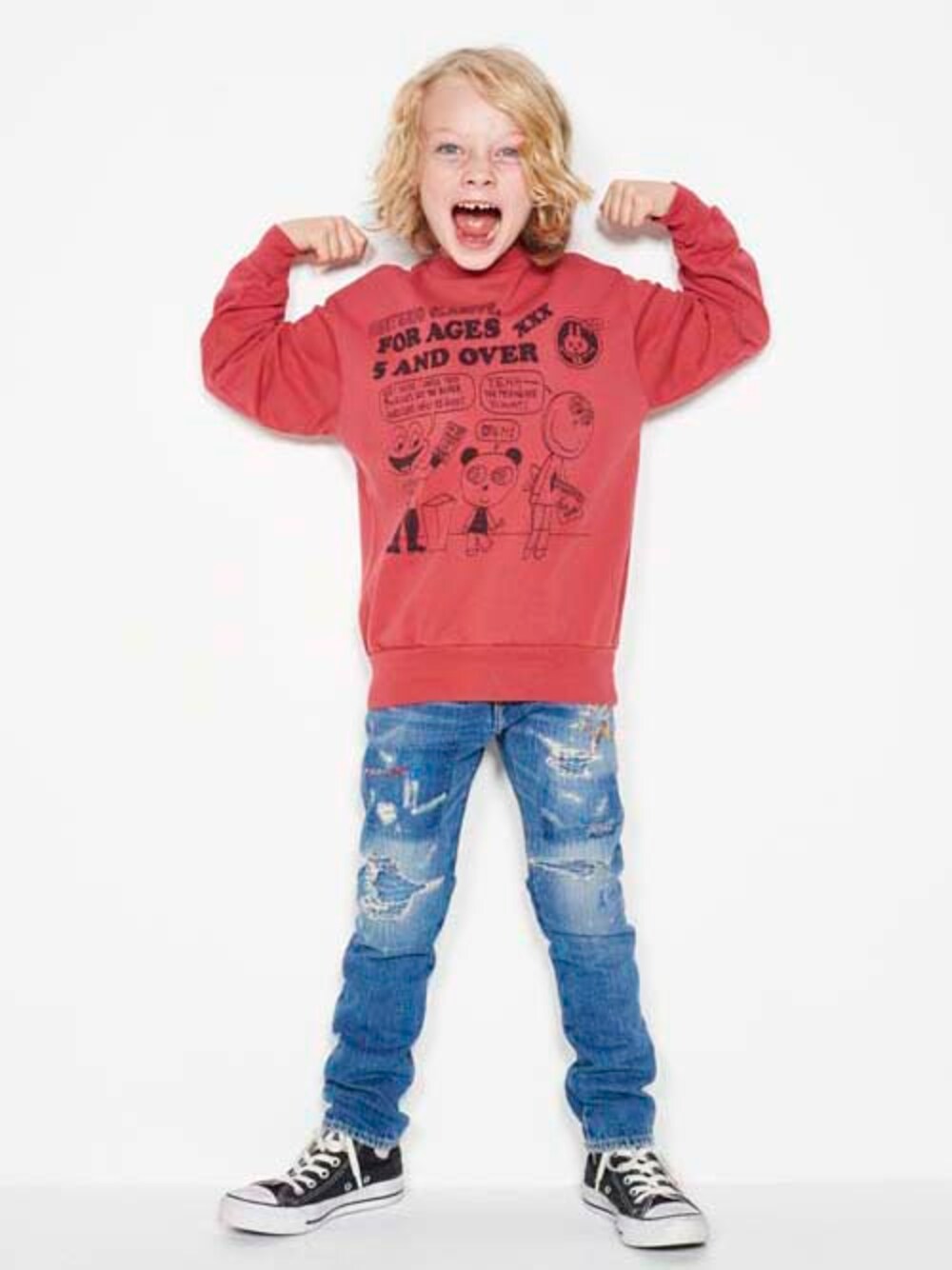 「スウェット、ダメージデニムパンツ、JOEY HYSTERIC」｜「JOEY HYSTERICのHG FOR AGES スウェット【XS/S/M】（スウェット、ピンク系）」を使った、JOEY HYSTERIC OFFICIALさん（キッズ・120cm）の春コーディネートの1枚目の写真